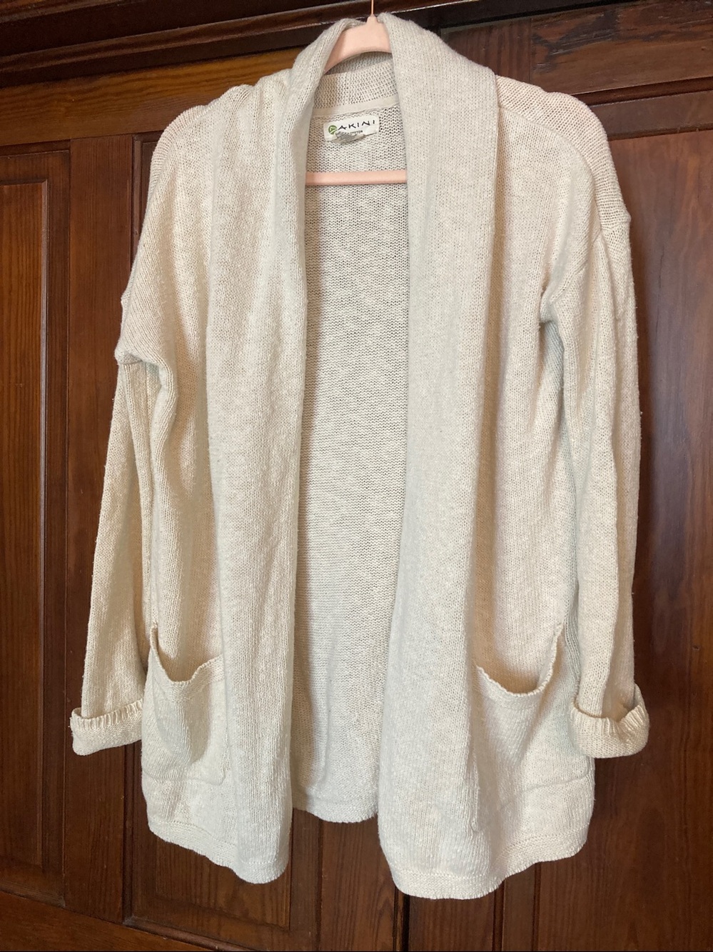 Dakini Light Cream Open-Front Pocketed Cotton Cardigan Small